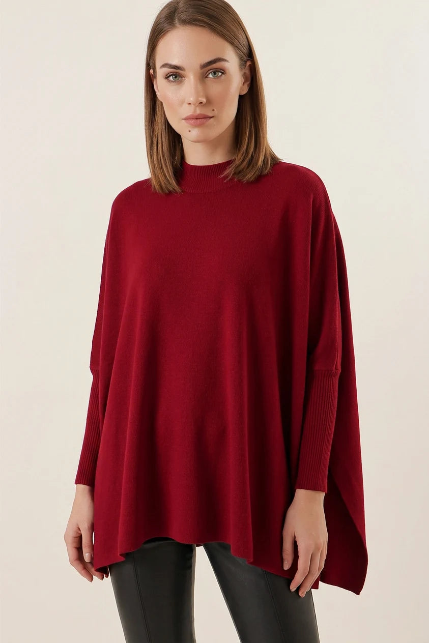 Kadın Balıkçı Yaka Yandan Yırtmaçlı Oversize Triko Bordo Panço Kazak