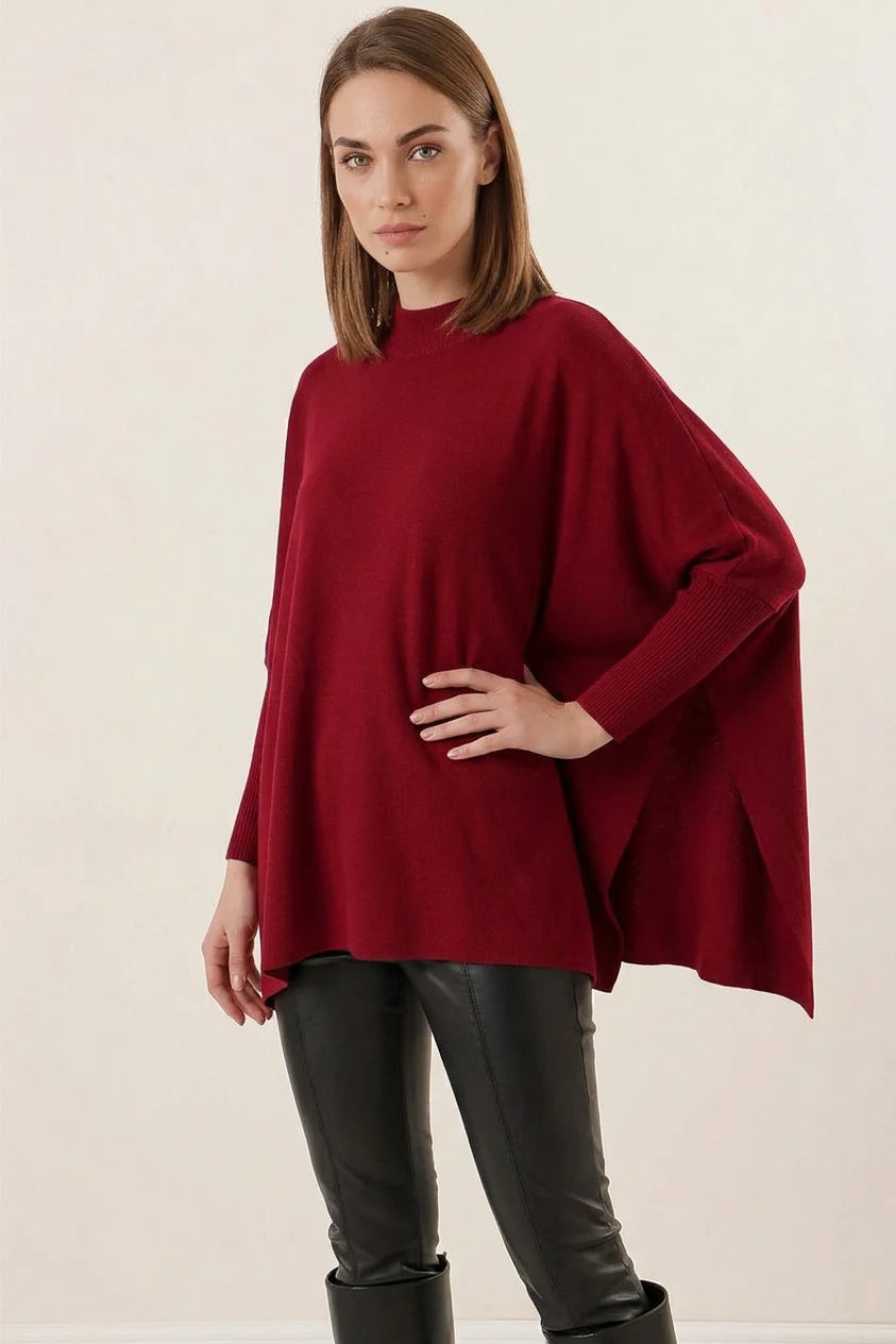 Kadın Balıkçı Yaka Yandan Yırtmaçlı Oversize Triko Bordo Panço Kazak