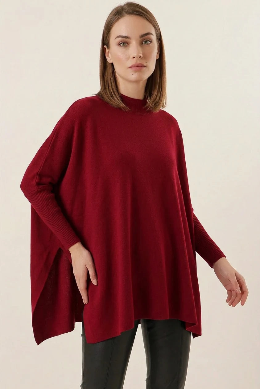 Kadın Balıkçı Yaka Yandan Yırtmaçlı Oversize Triko Bordo Panço Kazak