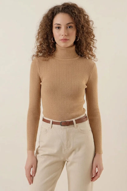 Kadın Balıkçı Yaka Fitilli Triko Bej Kazak