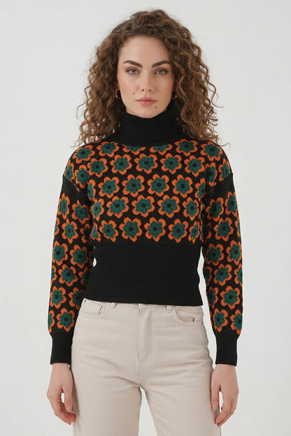 Kadın Boğazlı Crop Çiçek Desenli Oranje Kazak