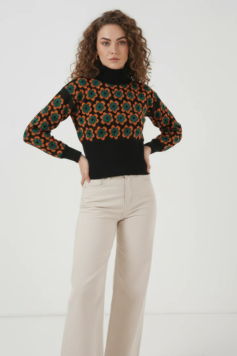 Kadın Boğazlı Crop Çiçek Desenli Oranje Kazak