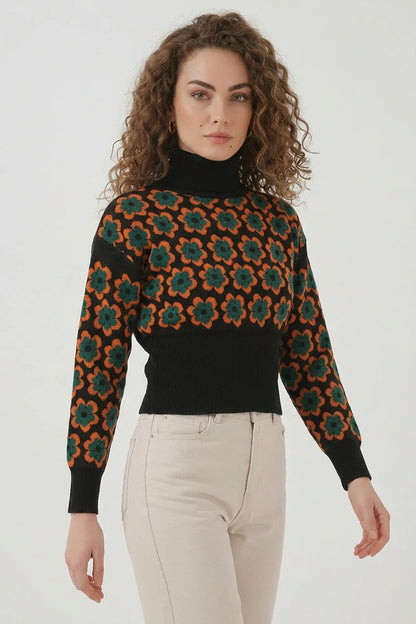 Kadın Boğazlı Crop Çiçek Desenli Oranje Kazak