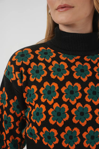 Kadın Boğazlı Crop Çiçek Desenli Oranje Kazak