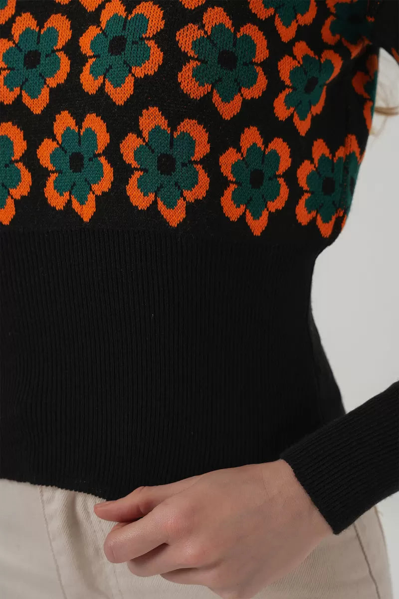 Kadın Boğazlı Crop Çiçek Desenli Oranje Kazak