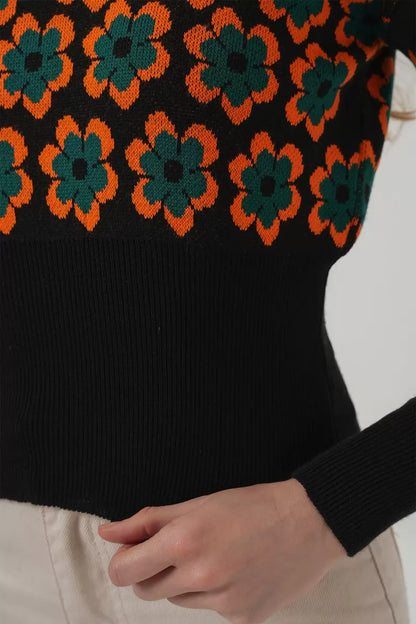Kadın Boğazlı Crop Çiçek Desenli Oranje Kazak