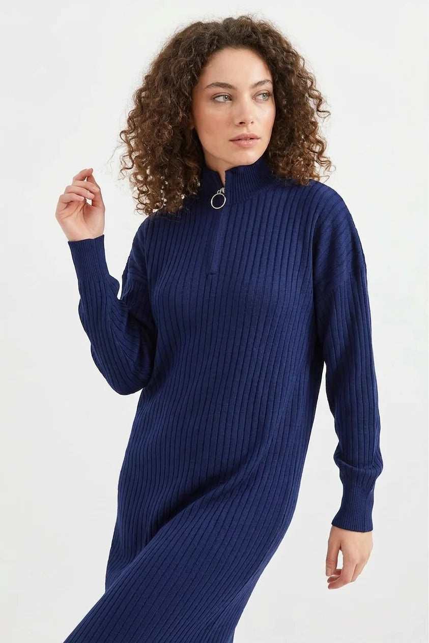 Kadın Yüksek Yaka Fermuar Detaylı Ribana Kumaş Triko Lacivert Elbise