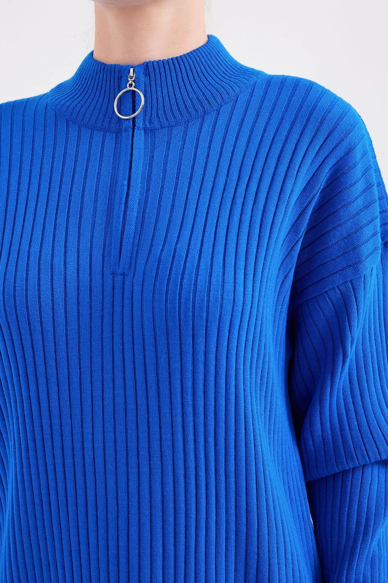 Kadın Bisiklet Yaka Uzun Triko Saks Elbise