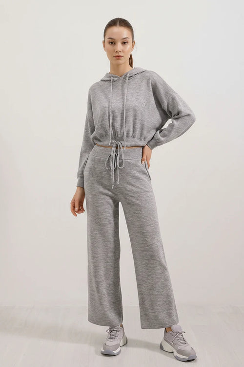 Kadın Kapüşonlu Beli Büzgülü Geniş Kesim Oversize Triko Gri İkili Takım