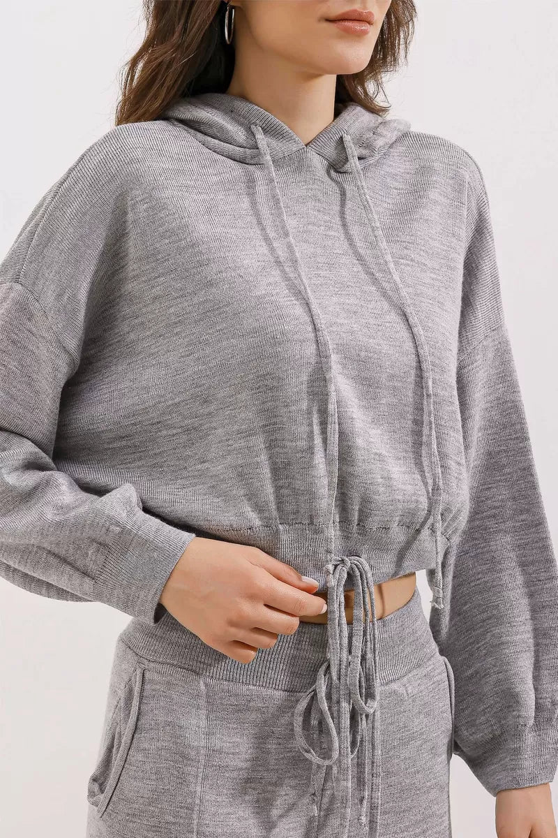 Kadın Kapüşonlu Beli Büzgülü Geniş Kesim Oversize Triko Gri İkili Takım