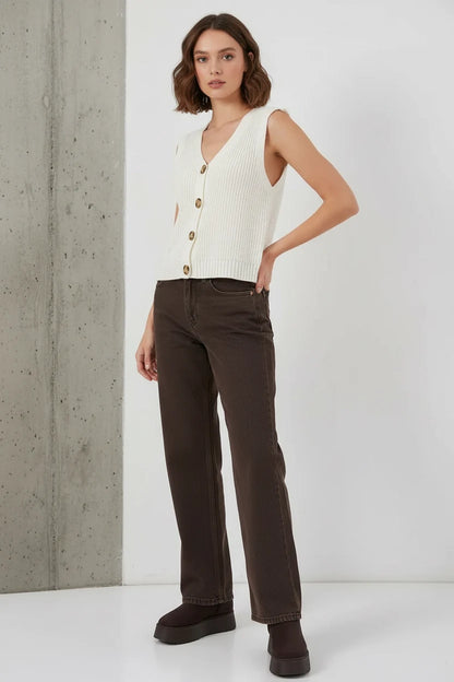 Kadın V Yaka Düğmeli Triko Ekru Yelek