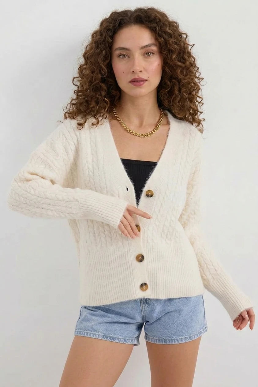 Kadın V Yaka Örgülü Oversize Triko Ekru Hırka