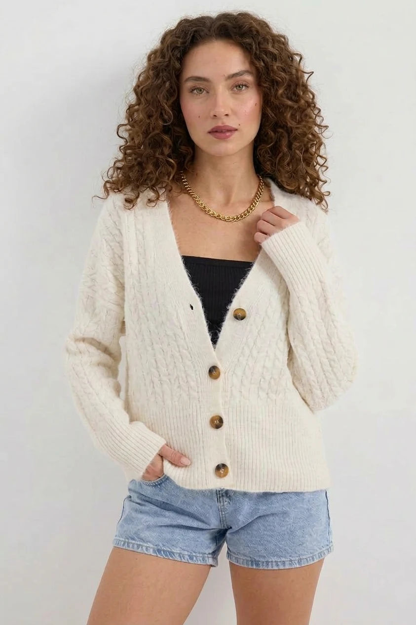 Kadın V Yaka Örgülü Oversize Triko Ekru Hırka
