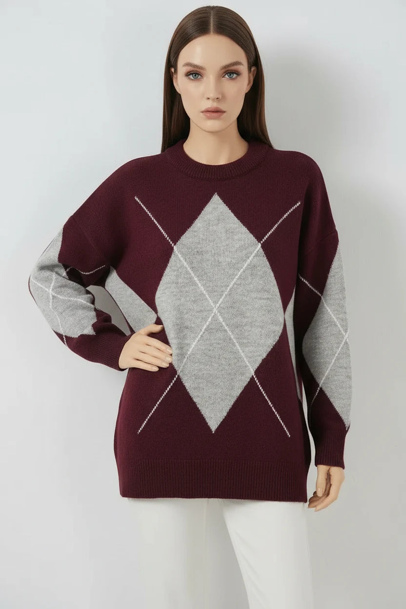 Kadın Yuvarlak Yaka Oversize Baklava Desenli Triko Bordo Kazak