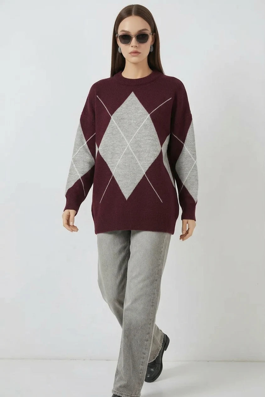 Kadın Yuvarlak Yaka Oversize Baklava Desenli Triko Bordo Kazak