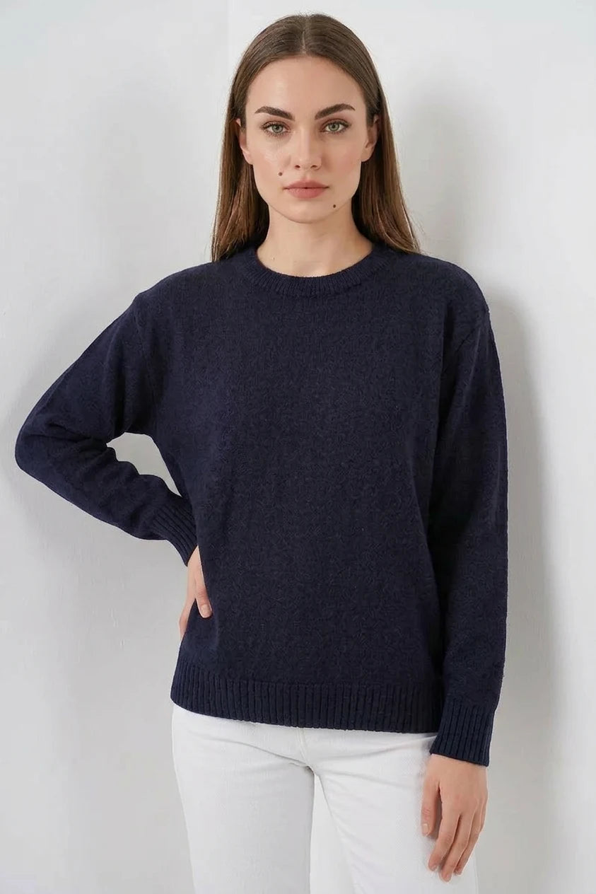 Kadın Yuvarlak Yaka Oversize Baklava Desenli Triko Koyu Lacivert Kazak