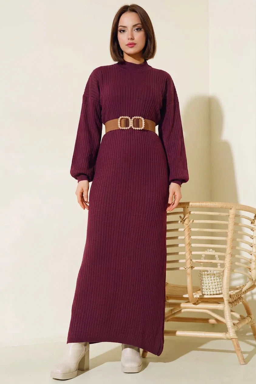 Kadın Yüksek Yaka Kuşaklı Fermuar Detaylı Triko Bordo Tesettür Elbise