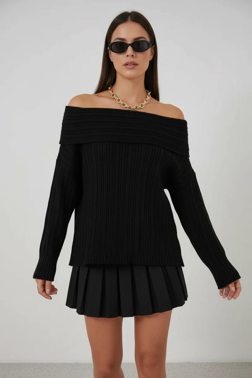 Kadın Oversize Açık Omuz Triko Siyah Kazak