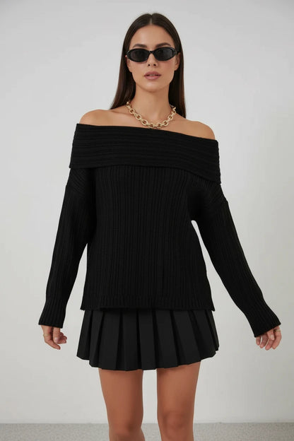 Kadın Oversize Açık Omuz Triko Siyah Kazak