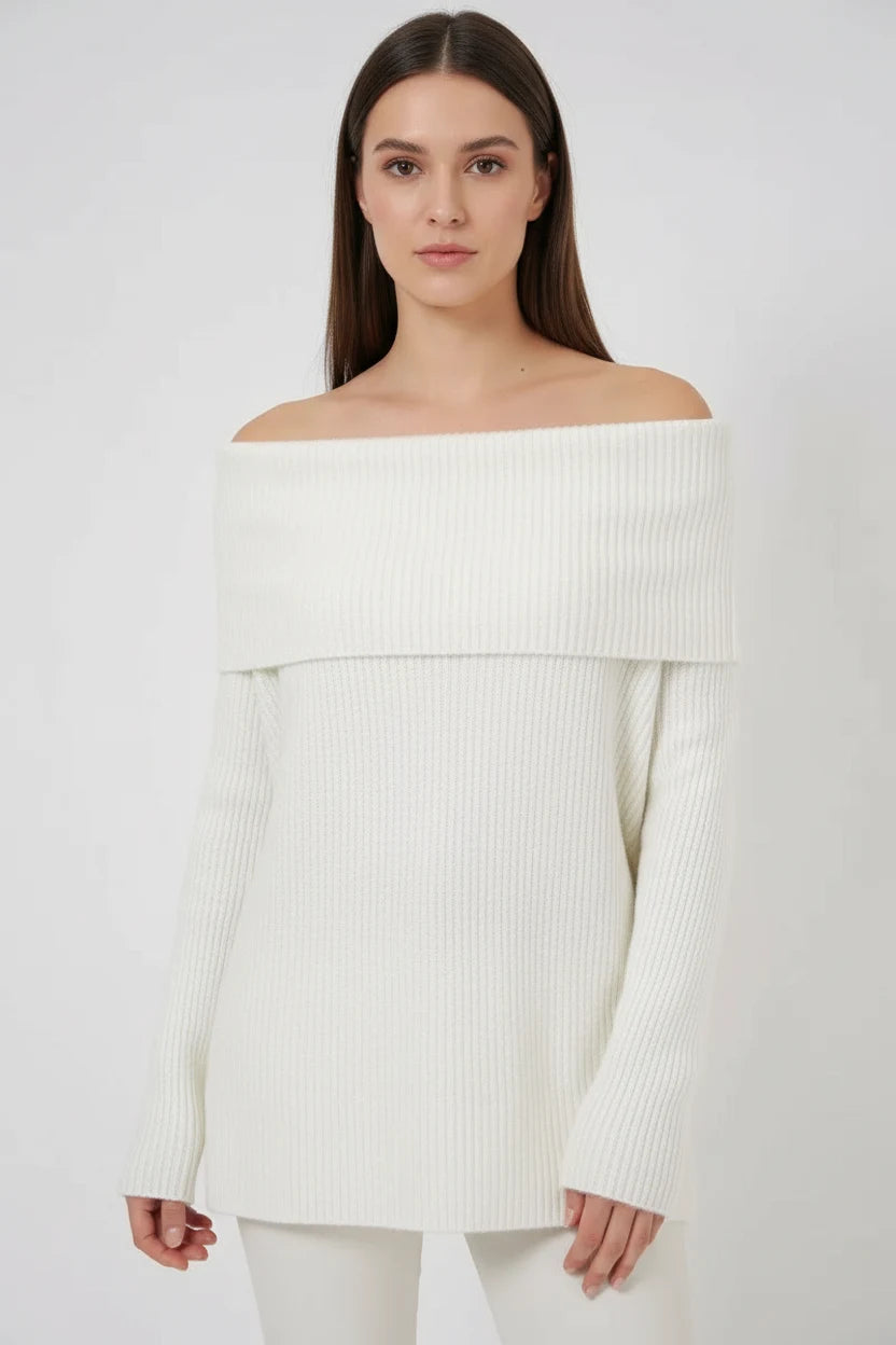Kadın Kayık Yaka Oversize Açık Omuz Triko Beyaz Kazak