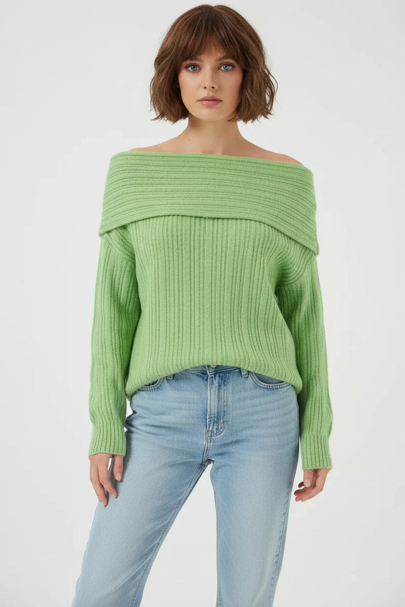 Kadın Oversize Açık Omuz Triko Yeşil Kazak