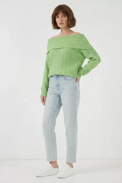 Kadın Oversize Açık Omuz Triko Yeşil Kazak