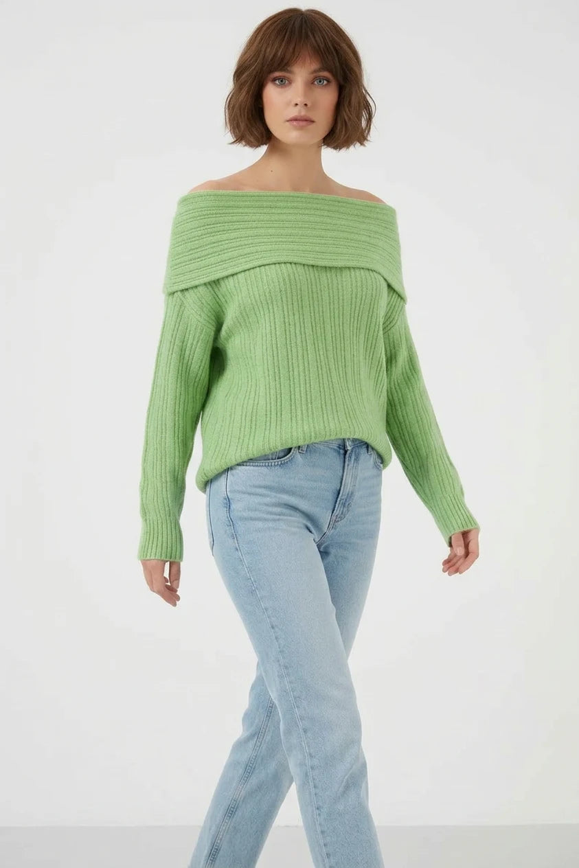 Kadın Oversize Açık Omuz Triko Yeşil Kazak