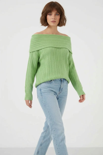 Kadın Oversize Açık Omuz Triko Yeşil Kazak