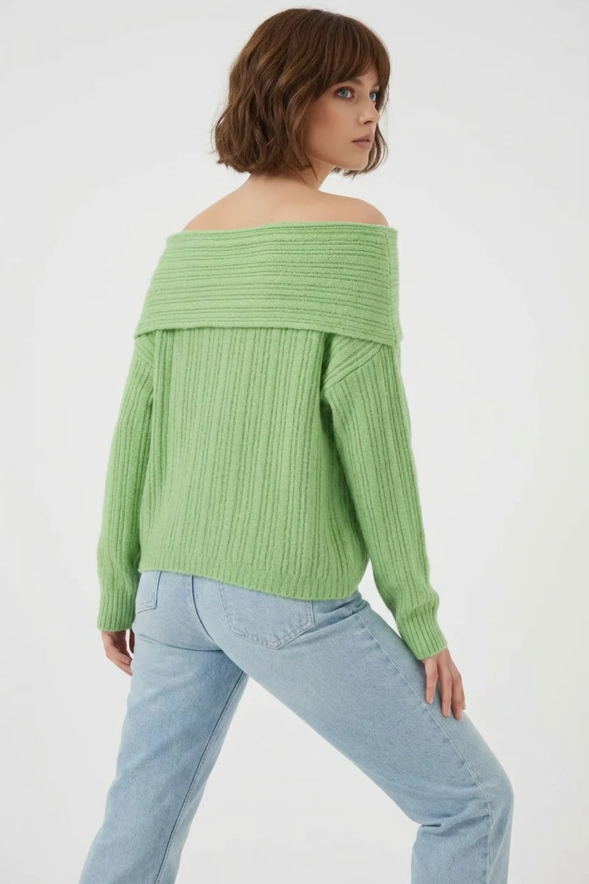 Kadın Oversize Açık Omuz Triko Yeşil Kazak