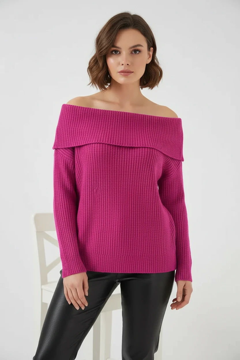 Kadın Kayık Yaka Açık Omuz Oversize Triko Koyu Pembe Kazak