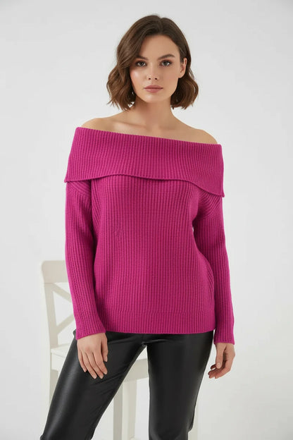 Kadın Kayık Yaka Açık Omuz Oversize Triko Koyu Pembe Kazak
