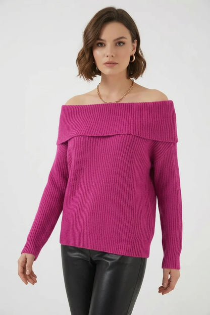 Kadın Kayık Yaka Açık Omuz Oversize Triko Koyu Pembe Kazak