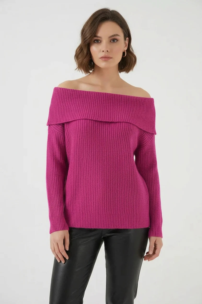 Kadın Kayık Yaka Açık Omuz Oversize Triko Koyu Pembe Kazak
