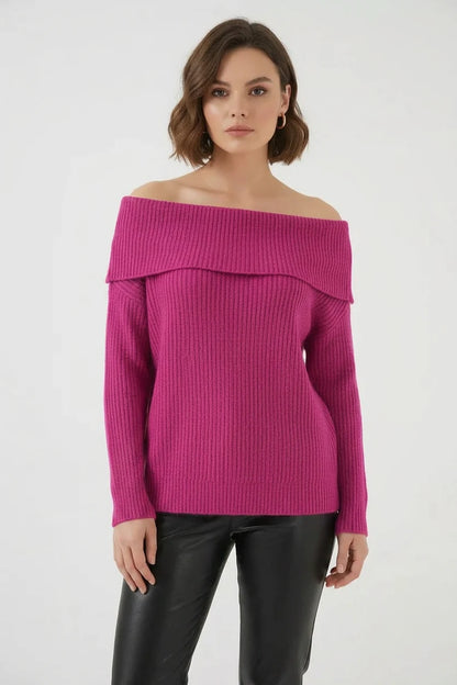 Kadın Kayık Yaka Açık Omuz Oversize Triko Koyu Pembe Kazak