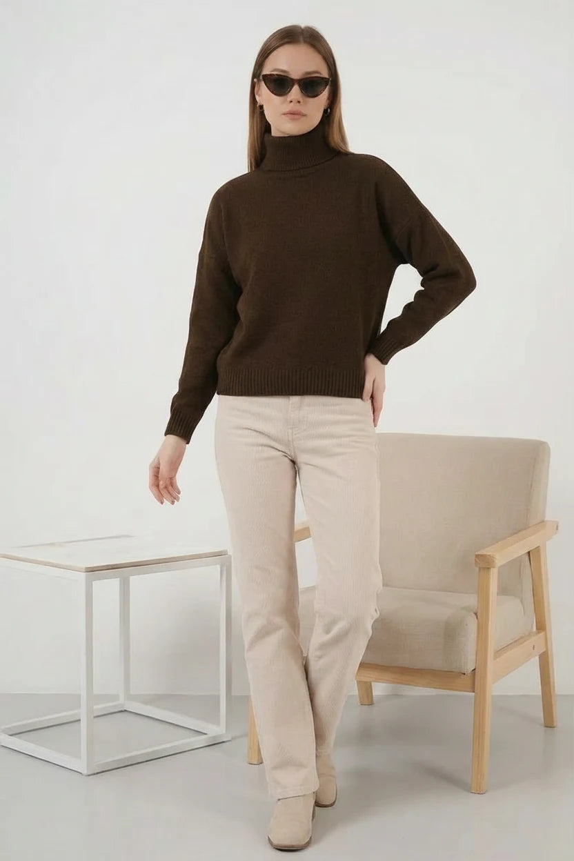 Kadın Balıkçı Yaka Oversize Triko Kahverengi Kazak
