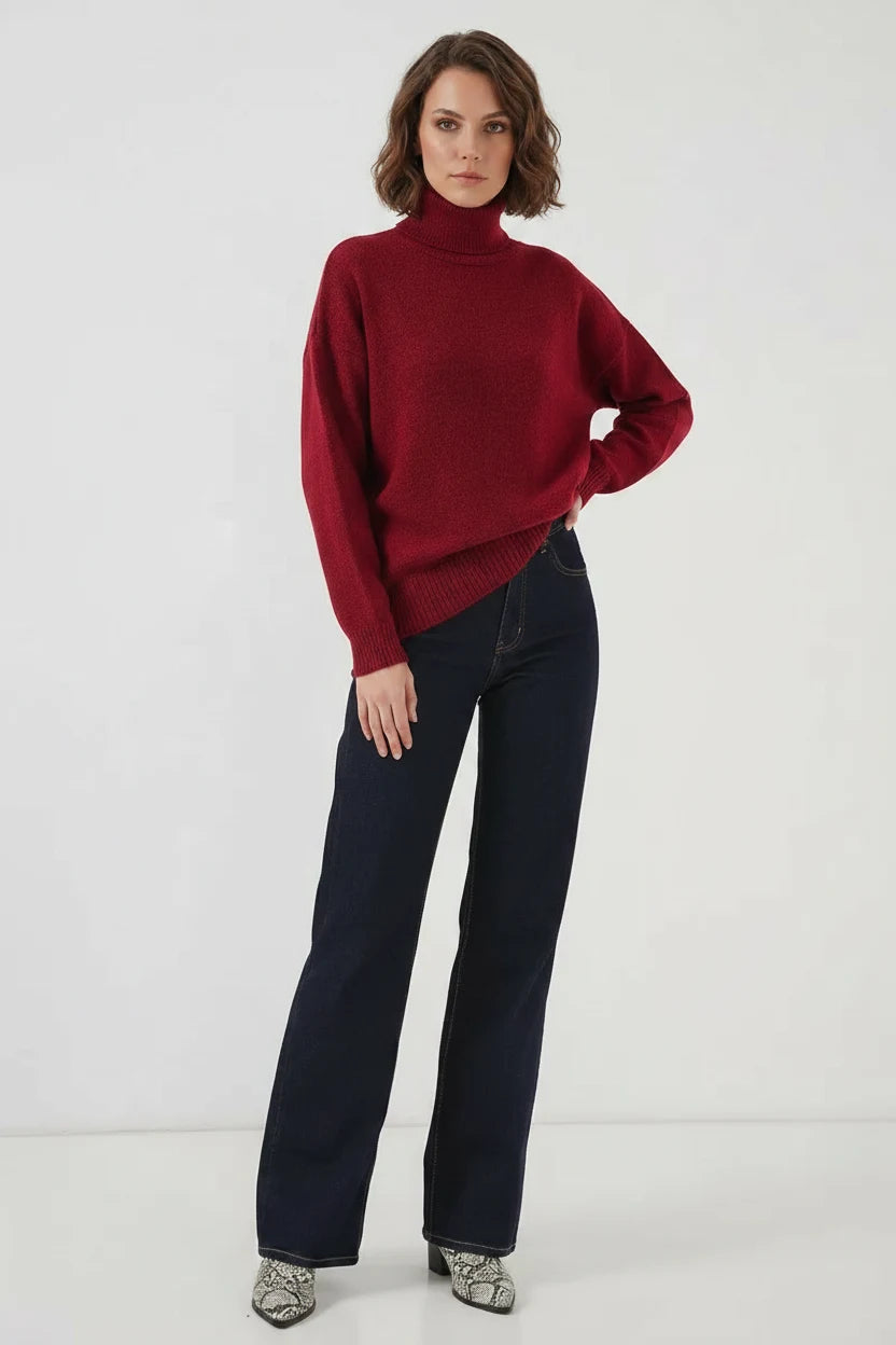 Kadın Balıkçı Yaka Oversize Kesim Triko Kırmızı Kazak