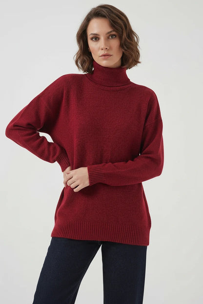 Kadın Balıkçı Yaka Oversize Kesim Triko Kırmızı Kazak