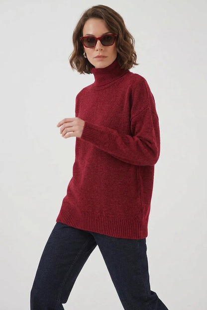 Kadın Balıkçı Yaka Oversize Kesim Triko Kırmızı Kazak