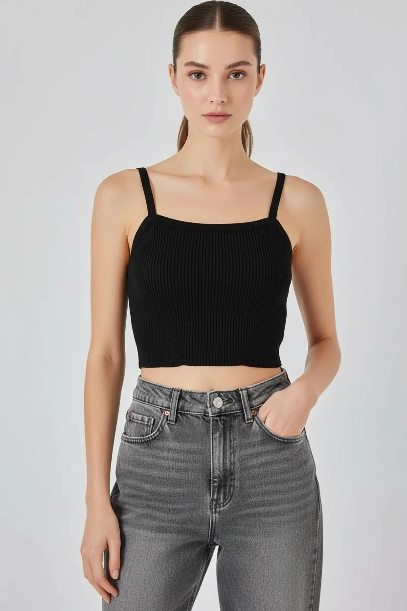 Kadın Kare Yaka Crop Askılı Siyah Bluz