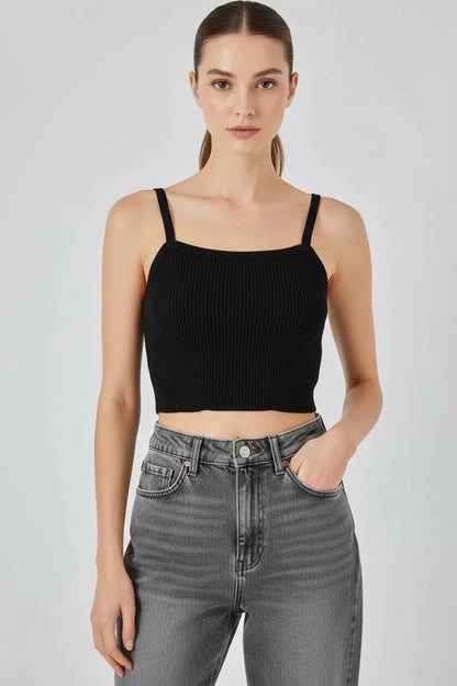 Kadın Kare Yaka Crop Askılı Siyah Bluz