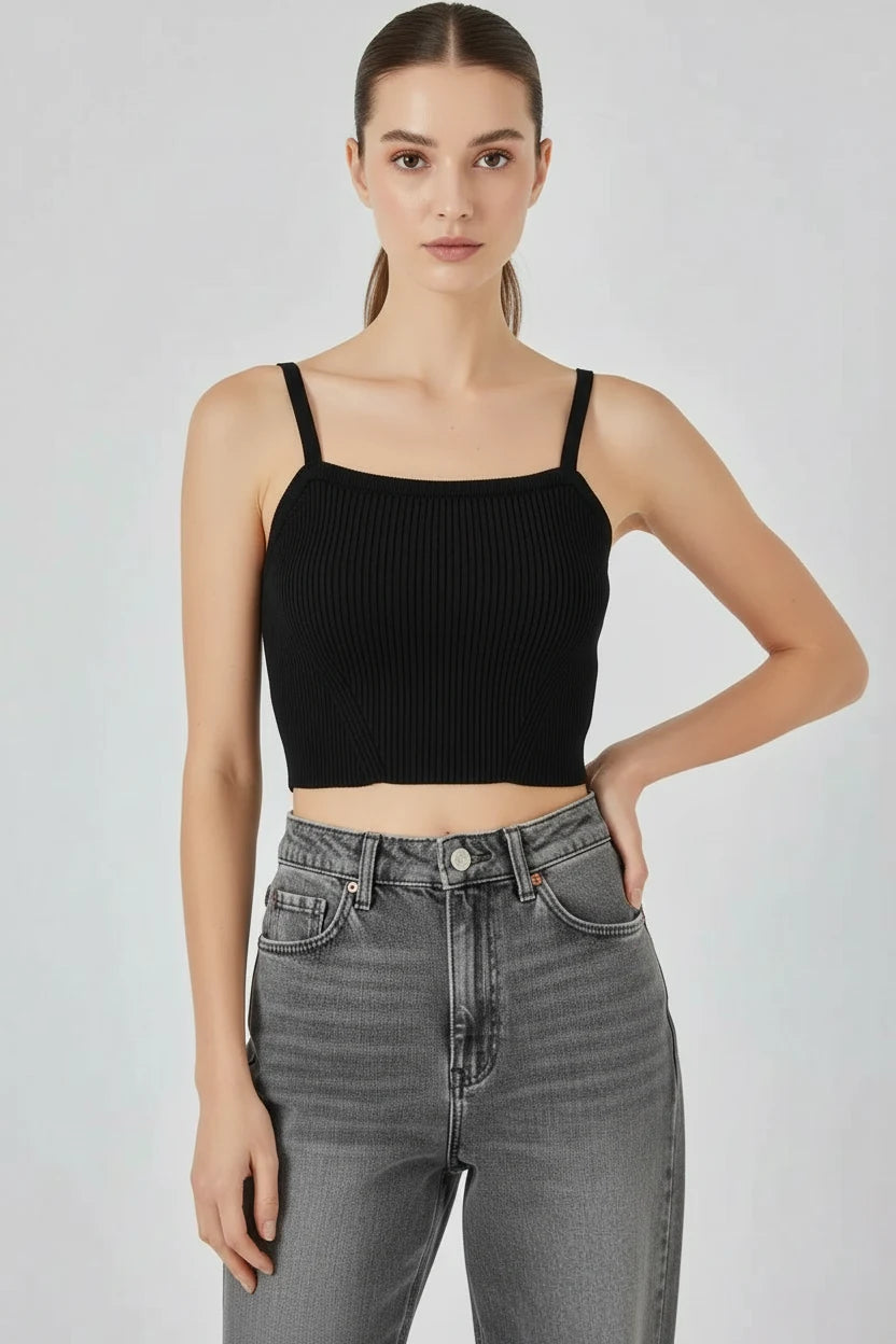 Kadın Kare Yaka Crop Askılı Siyah Bluz