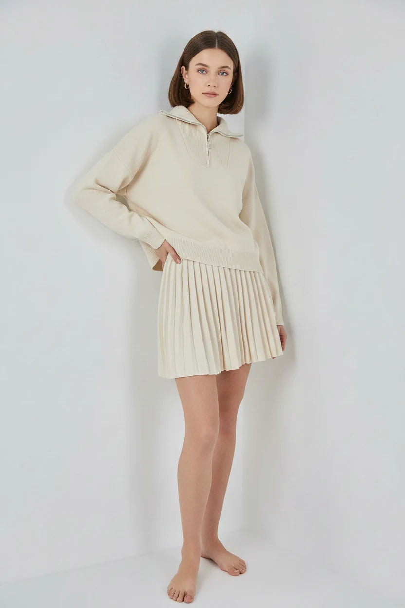 Kadın Fermuarlı Yaka Pileli Etek İkili Takım