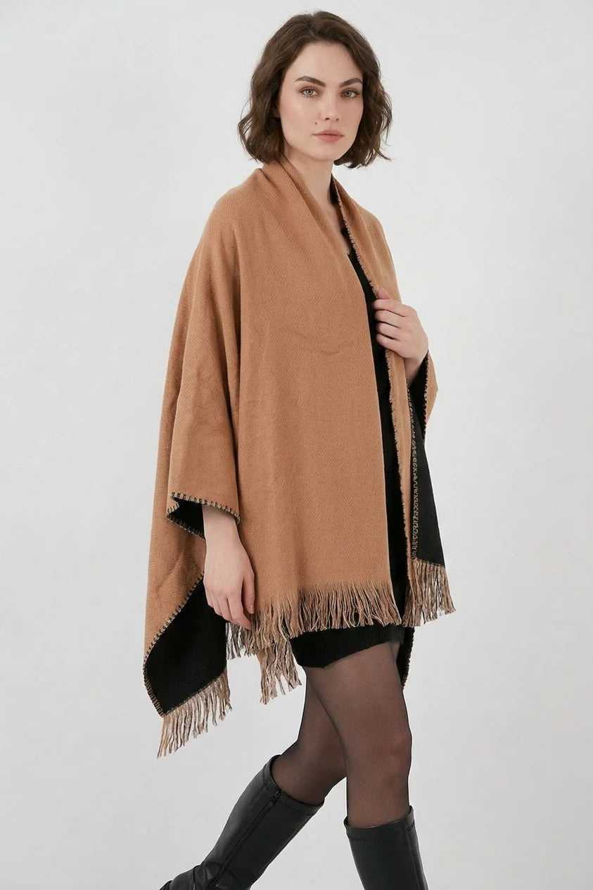 Kadın Kareli Desen Püsküllü Triko Camel Şal