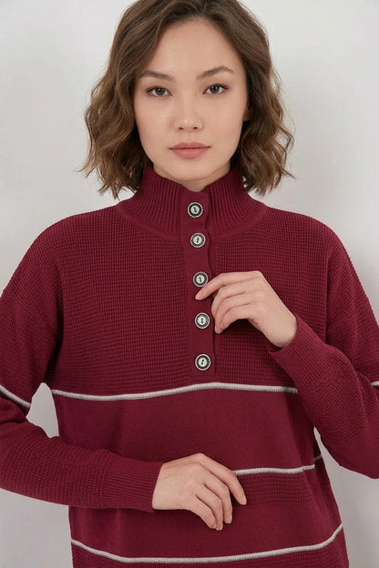 Kadın Yüksek Yaka Oversize Çizgili Triko İkili Takım
