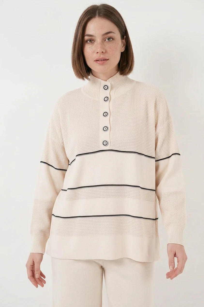 Kadın Yüksek Bel Geniş Paça Oversize Çizgili Triko Ekru Takım