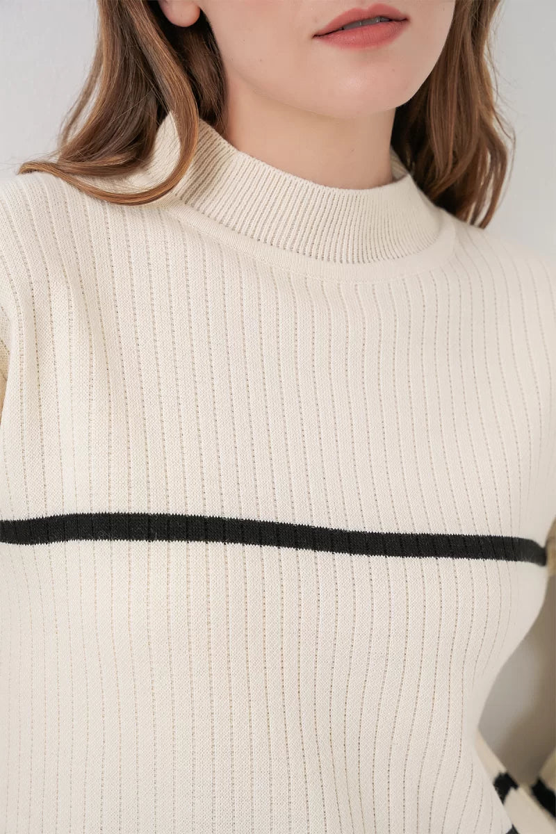 Kadın Balıkçı Yaka Oversize Çizgili Triko Ekru İkili Takım