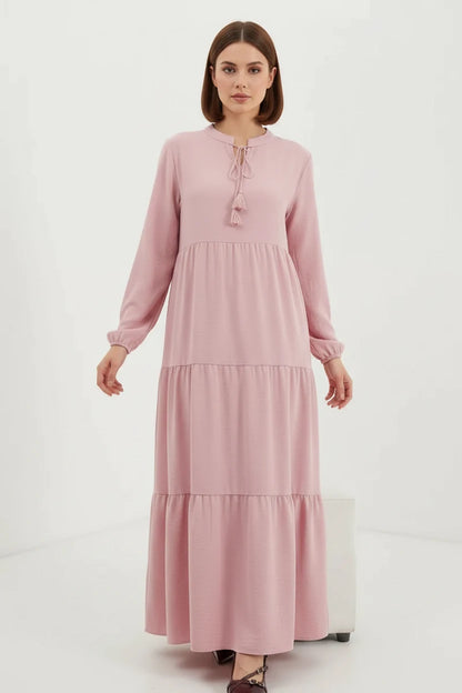 Kadın Bağcıklı Yaka Fırfırlı Açık Pembe Tesettür Elbise