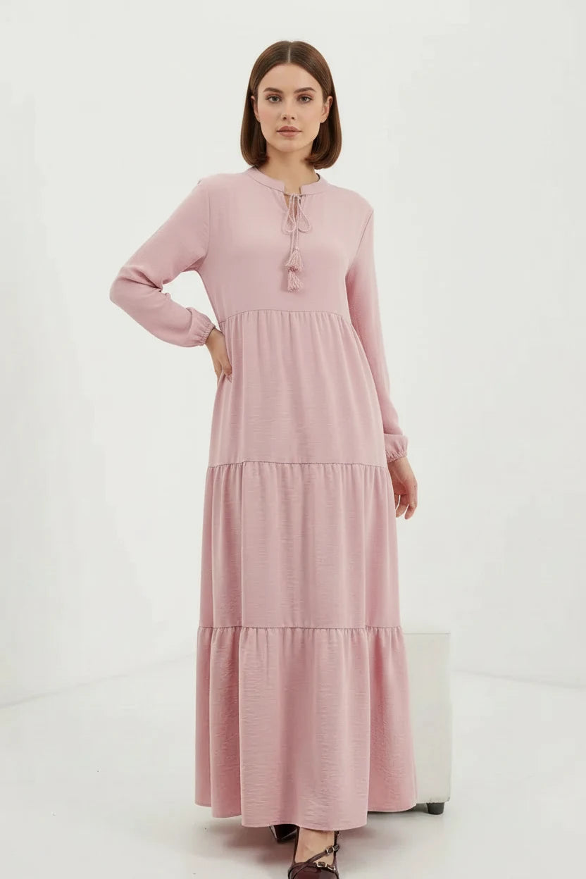 Kadın Bağcıklı Yaka Fırfırlı Açık Pembe Tesettür Elbise