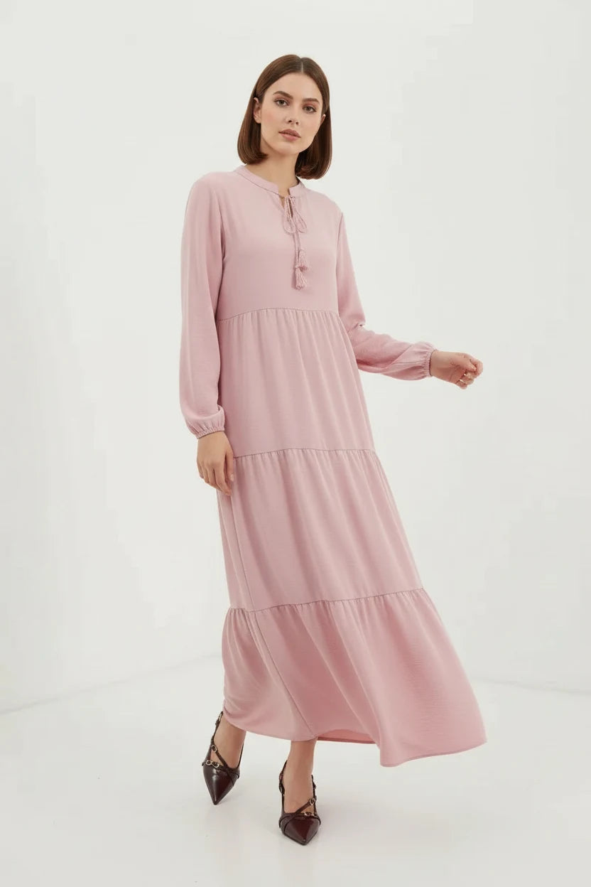 Kadın Bağcıklı Yaka Fırfırlı Açık Pembe Tesettür Elbise