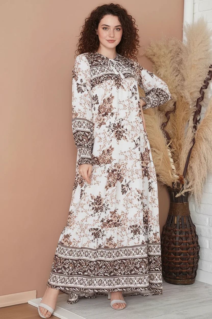 Kadın Belden Büzgülü Çiçek Desenli Viskon Kahverengi Elbise